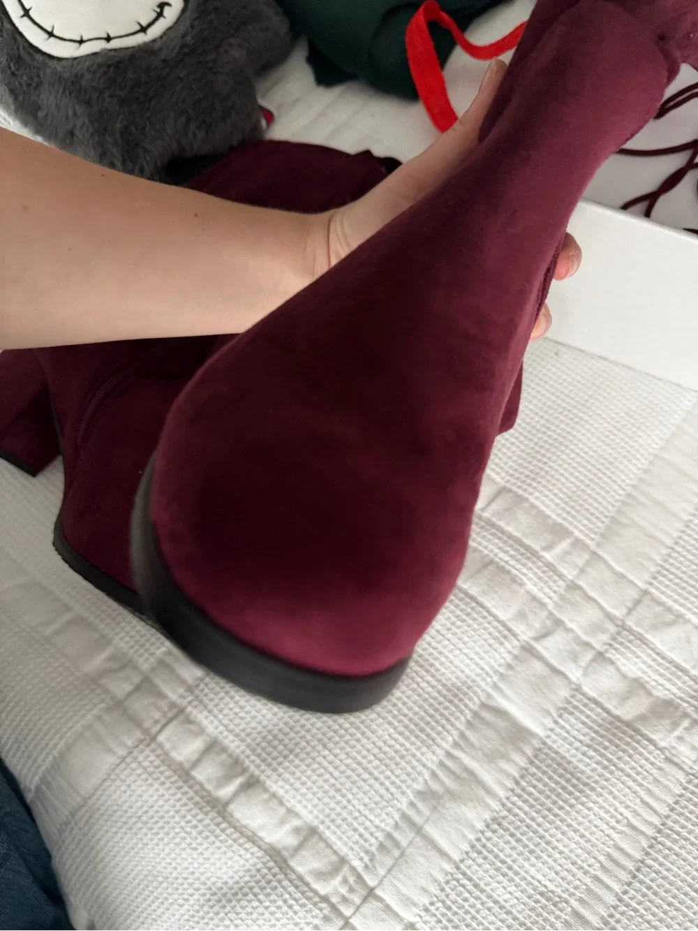 Laurence Faux Suede Over-the-Knee Boots Lace Back US 9 Burgundy Zip Closure